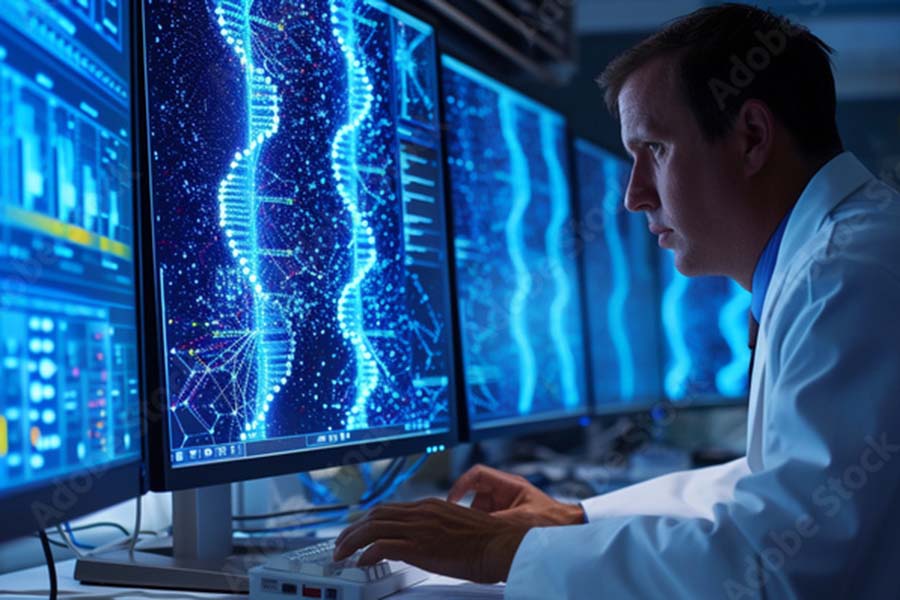 Scientist reviewing genetic research on computer displays